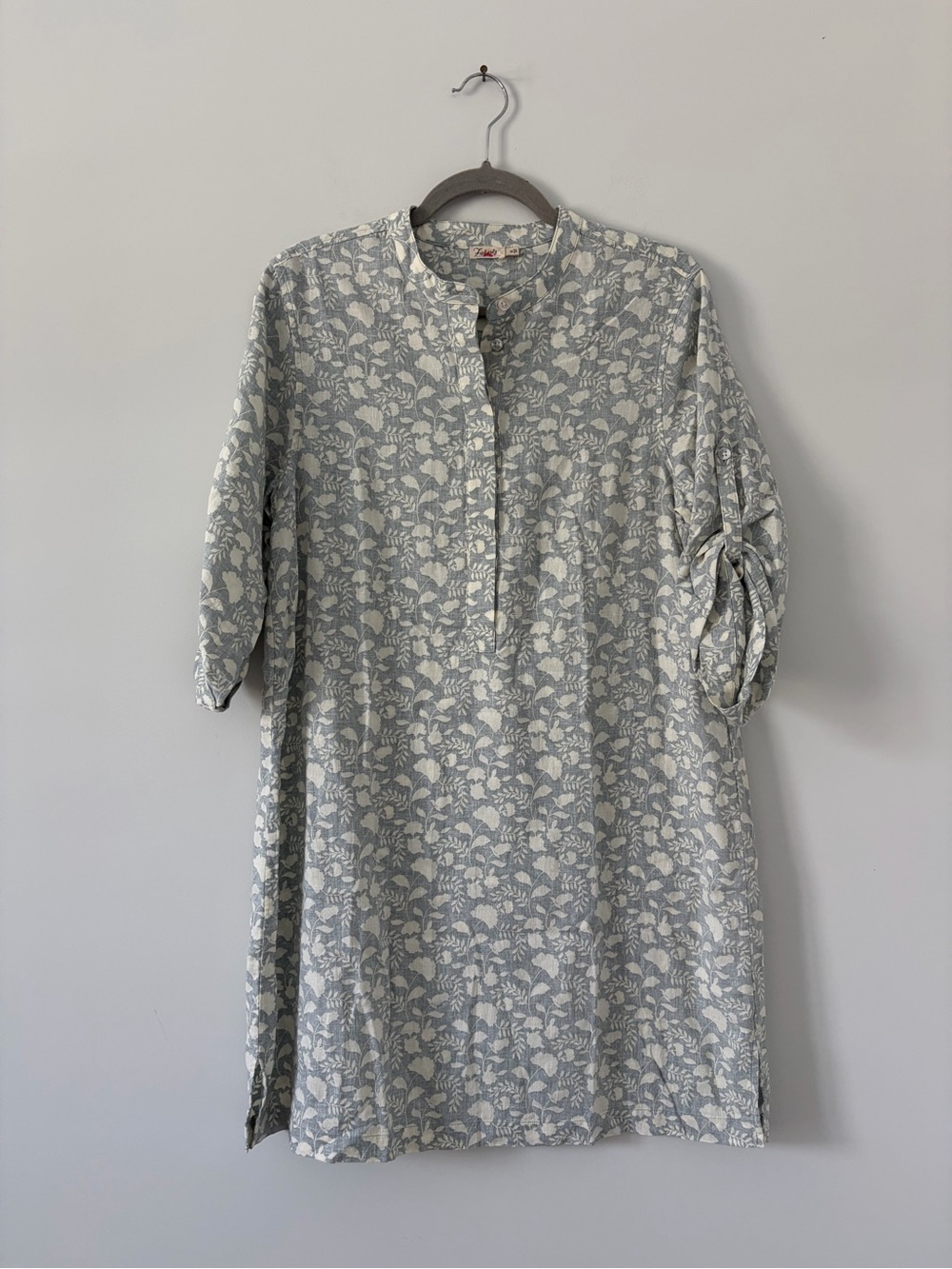 Faherty Penelope Linen Floral 3/4 Sleeve Popover Casual Dress Grey Green Cream M - Picture 3 of 11